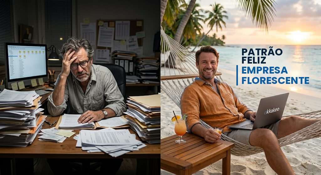 Empresário sobrecarregado com papelada, sem a Akrothinion, ao lado de um empresário relaxado numa praia com a Akrothinion, patrão feliz e empresa a florescer