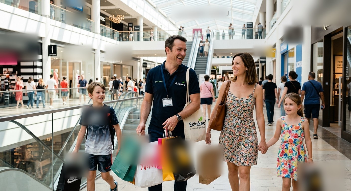 Colaborador com farda e saco de compras da Akrothinion, a acompanhar uma família num centro comercial