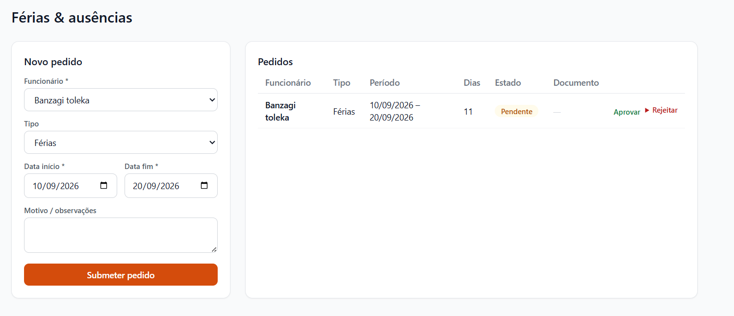 Ecrã de pedidos de férias e ausências na aplicação Akrothinion